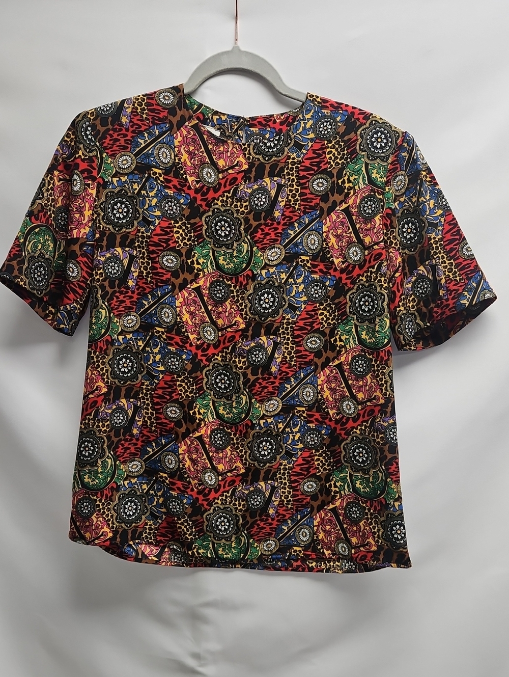 Vintage Frenzo Abstract Print Blouse Womens M Colorful 90s Short Sleeve Top